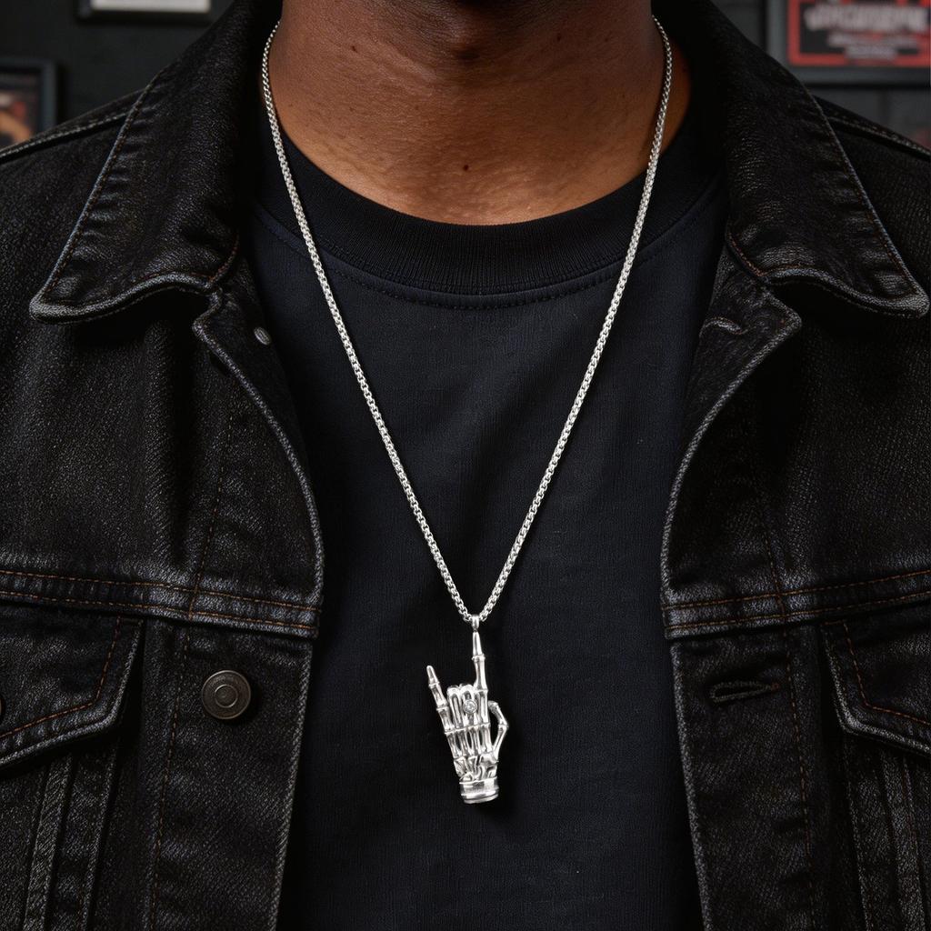 Vnox Bone Rock Hand Gesture Pendant Necklaces, Gothic Punk Music Jewelry, Men's Silver Color Stainless Steel Box Chain Necklace