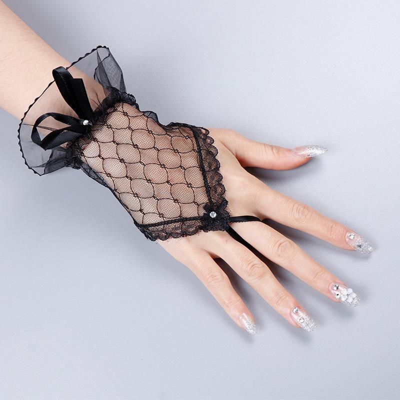Lace black  gloves gothic lolita fingerless black gloves women elegant Tulle lace sheer White Black Red Bride Party GlovesXGST02
