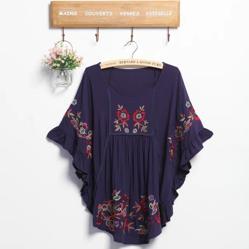 

Женская свободная этническая брендовая красная, синяя, белая блузка с рукавами «летучая мышь» с вышивкой плюс женская одежда темно-синий