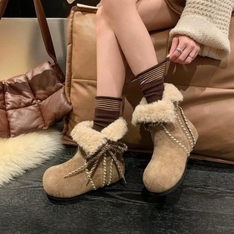 Flat-bottomed snow boots velvet short boots women's autumn and winter new lace-up fluffy boots thermal cotton boots Korean version Birkenstocks