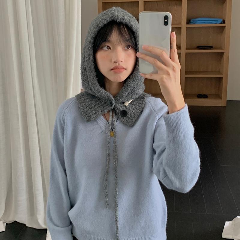 Korean Style Hat Scarf Women'S Autumn And Winter Warm Ear Protection Hooded Scarf Knitted Wool Hat