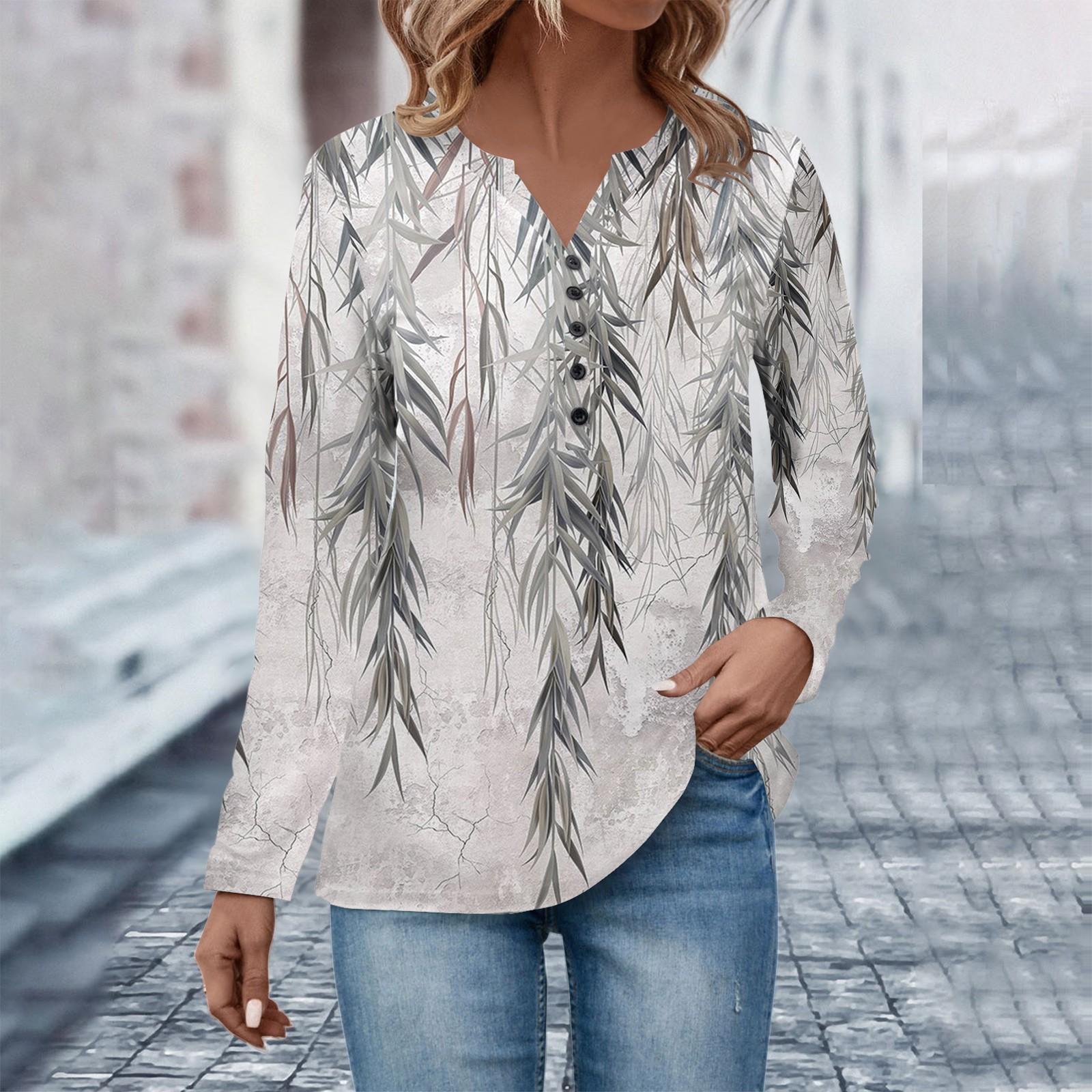 

Women s Fashion Casual V Neck Long Sleeve Floral Print Button T-Shirt Top L