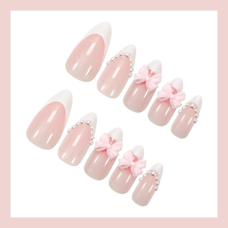 24 ks Růžový Mašle Simulace Perla Design Bílý Francouzský Akryl Krátký Press-On Nehty Sada, Pro Ženy A Dívky Denní Nošení A Večírek, Potřeby Pro Nail Art