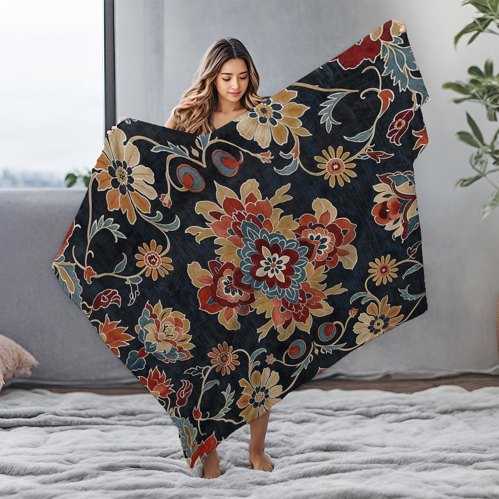 Dark Floral Embroidered Fleece Blanket Sofa Bed Throw Decorative Bedspread Warm Cozy Gift