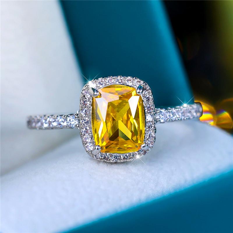 Charm Female Yellow Square Zircon Stone Ring Cute Silver Color Summer Wedding Jewelry For Women