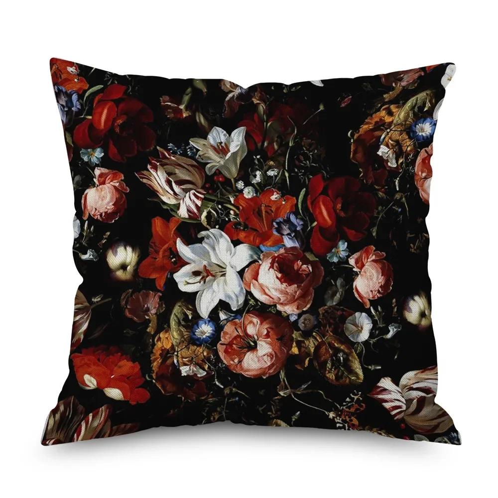 Vintage Floral Leinen Kissenbezug Schwarze Nacht Rose Kissenbezüge Dekorativ Interieur für Heimdeko Kissenhülle für Schlafzimmer 45x45