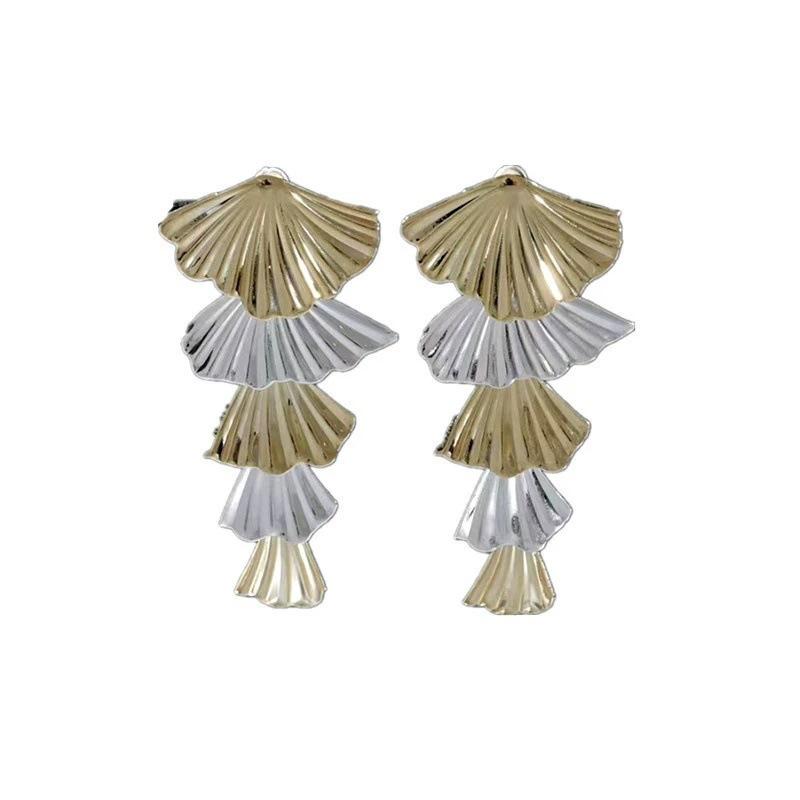 111 Silver Needle Cold Wind Ginkgo Biloba Earrings Women's European and American Exaggerated Long Metal Fringed Earrings Design Earrings