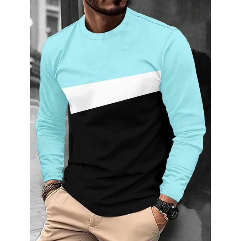 Men's Casual Striped Printed T-shirt 3D Printed Breathable Quick-drying Round-neck Long-sleeve T-shirt, Simple Style Workwear