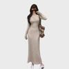 Women's Retro V-Neck Knitted Long-Sleeve Dress for Spring & Autumn - French Design with Waist-Enhancing Fit