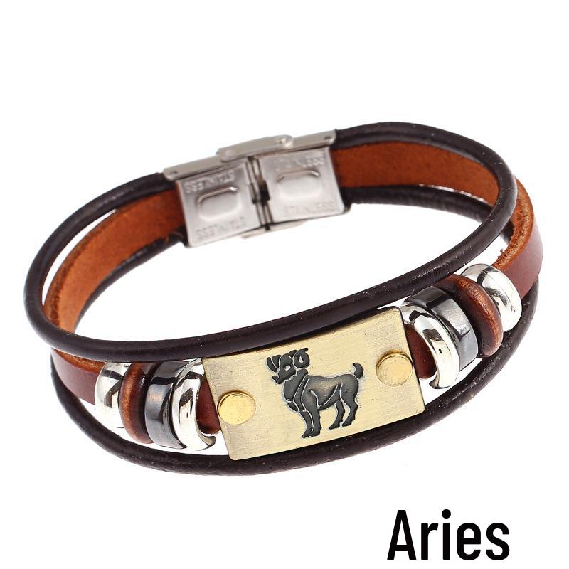 Twelve Constellations Cowhide Bracelet with Stainless Steel Buckle - Genuine Leather
