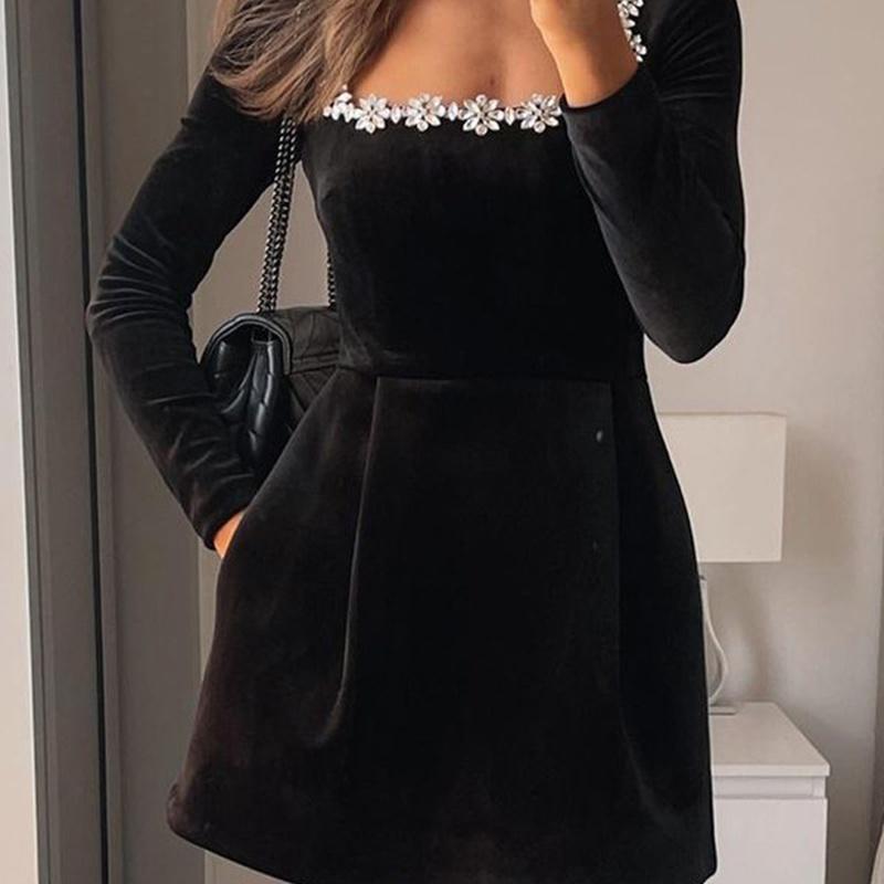 European Style Fall and Winter Women Clothing Elegant Square Neck Long Sleeve Maxi Dress S