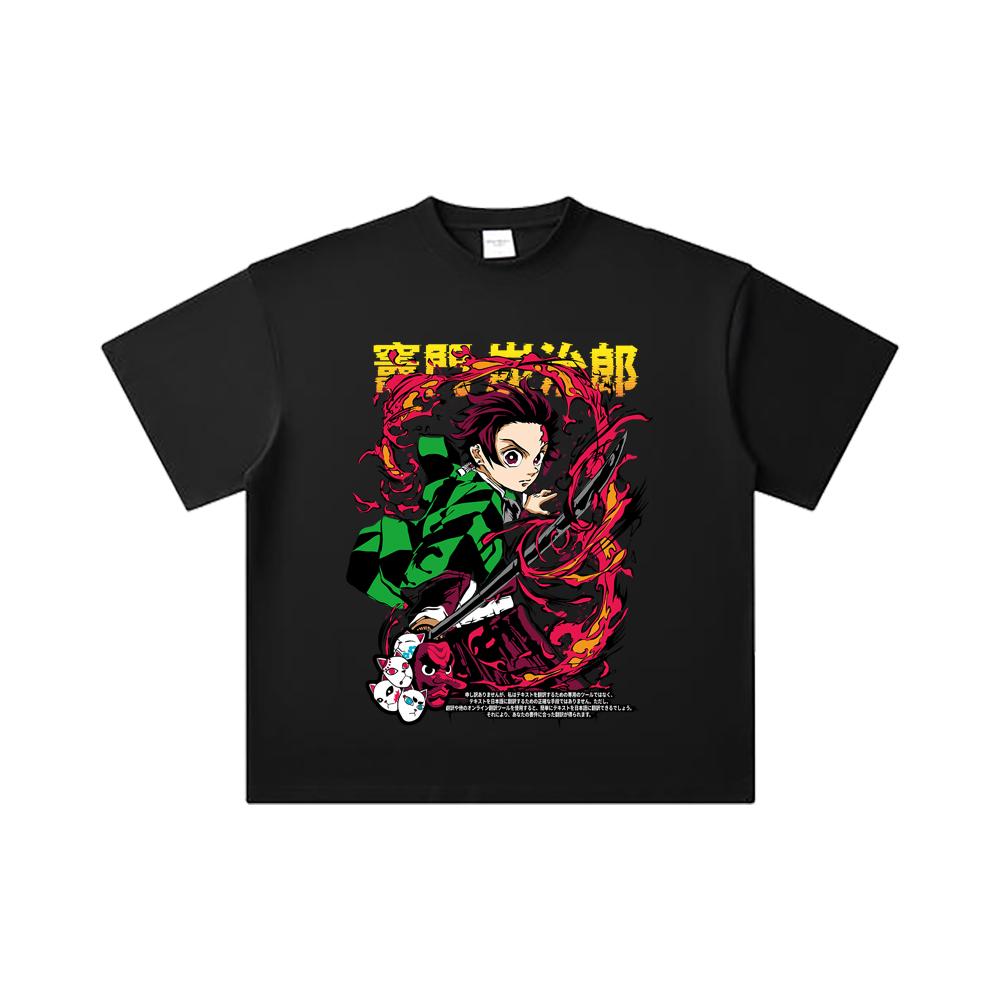 260 GSM Double Yarn 32 Count 100% Cotton Demon Slayer V19 Tanjiro Print Unisex Heavy Cotton T Shirt
