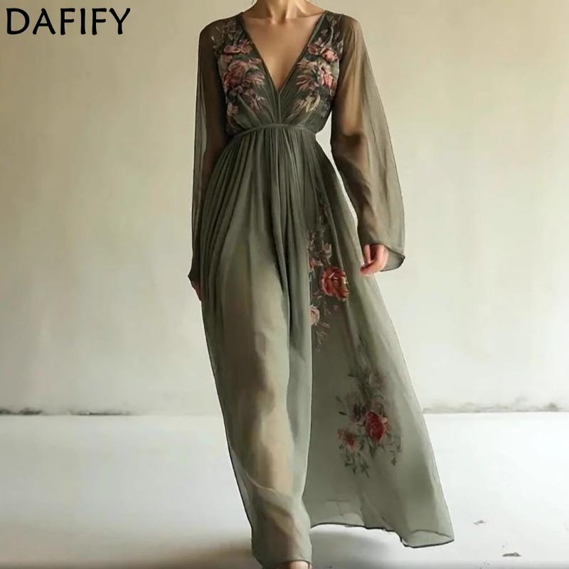 DAFIFY Women's Fashion Spring Fall Flower Pattern Print Long Sleeve V-Neck High Waist Casual Dresses