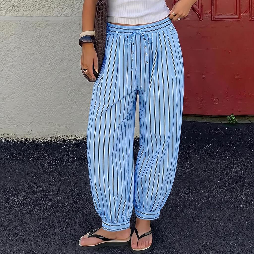 Women’s Loose Fit Casual Pants with Drawstring Waist Wide Leg Design Striped Print Lightweight Relaxed Style for Daily Wear