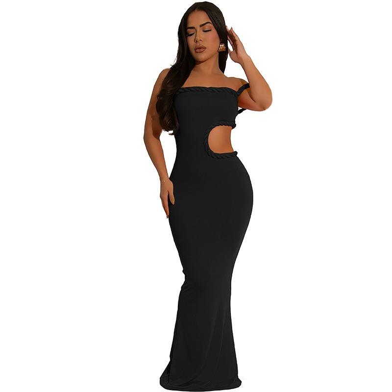 Women Sexy Off Shoulder Hollow Out Waist Exposed Slim Fit Bodycon Long Dress