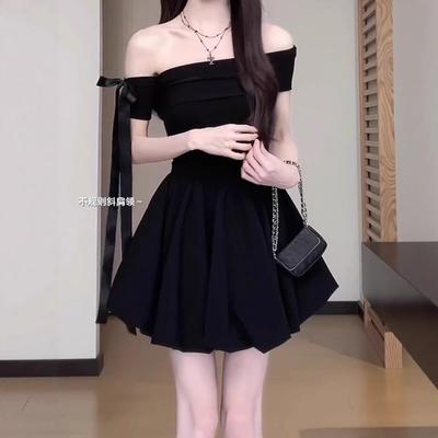 French One-word Shoulder Off-the-shoulder Black Dress Women's Summer New Hepburn Style Beautiful Fluffy Bud Short Skirt