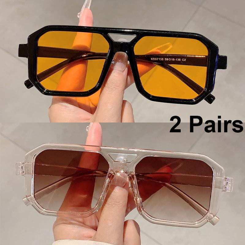2 Pairs Vintage Square Sunglasses Men Chic Retro Double Bridge Gradient Outdoor Shades Women Casual Vacation Decor Sun Glasses