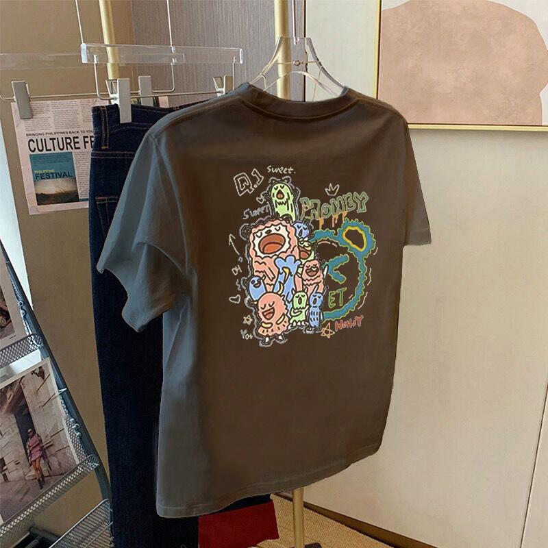 

European white fashion cartoon printing pure cotton shoulder short-sleeved t-shirt women s 2025 summer new loose crew neck top 3XL