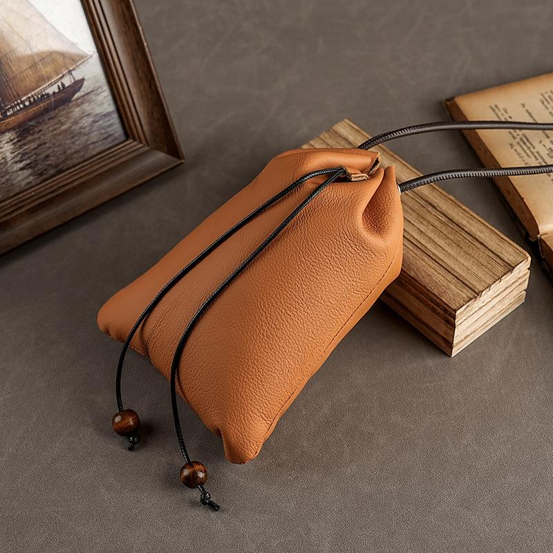 

Сумка-мішок на шнурку через плече з натуральної шкіри першого шару, сумка для зберігання, гаманець, сумка для мобільного телефону, універсальна сумка для пляшки з водою коричневий