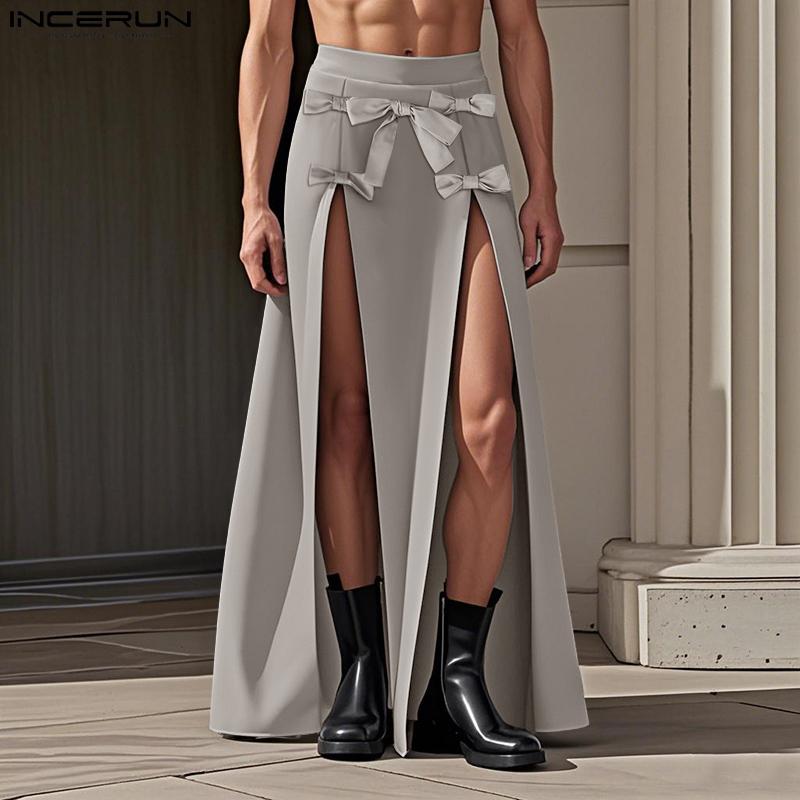 INCERUN Men High Waist Side Zip-Up Bow Kont Long Party Splits Kilt Skirts
