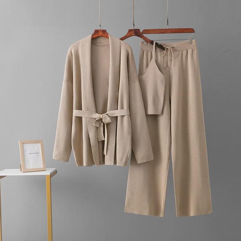 Women's Trendy Casual Wool Three-Piece Suit: Knitted Cardigan, Suspenders, and Wide-Leg Pants.