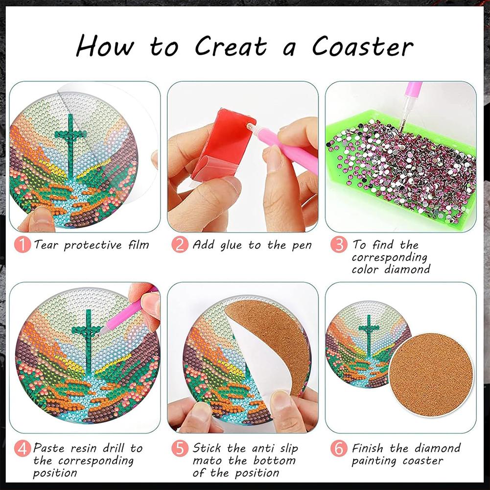 6PCS Special Shape Diamond Painting Crafts Coaster with Holder Crucifix Birth of Jesus for Coffee Table Bar Mugs Glass Cup Beer