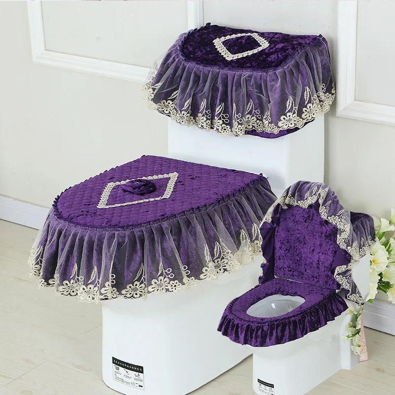 3PCS Velvet Skirt Style Toilet Mat Embroidered Lace Decorated Toilet Seat Mat Printed Dust Cover of Toilet Closestool