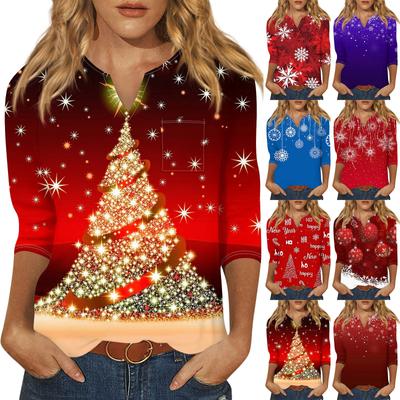 3/4 Sleeve Shirts For Women Cute Tops Christmas Prints Tees  Blouses Casual Plus Size Basic Tops Pullover