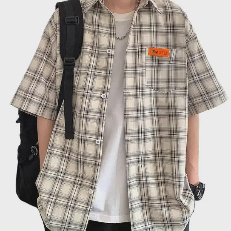 Herrskjorta Retro Gul Rutig Smal Passform Kortärmad - College Stil, Japansk-inspirerad