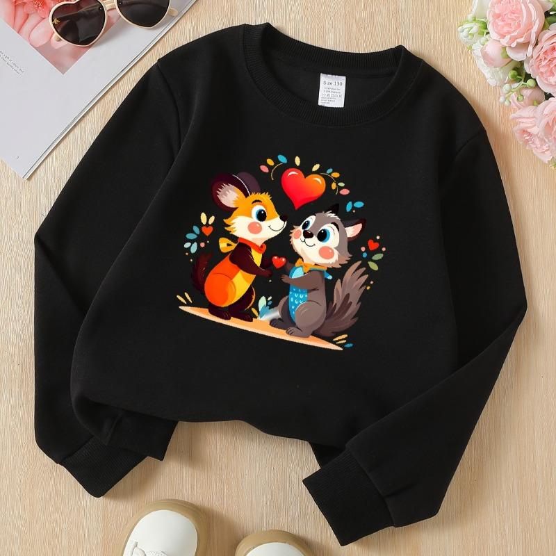 Kids Crewneck Sweatshirt, Cute Foxes Holding Heart Print, Soft Casual Pullover for Fall Winter