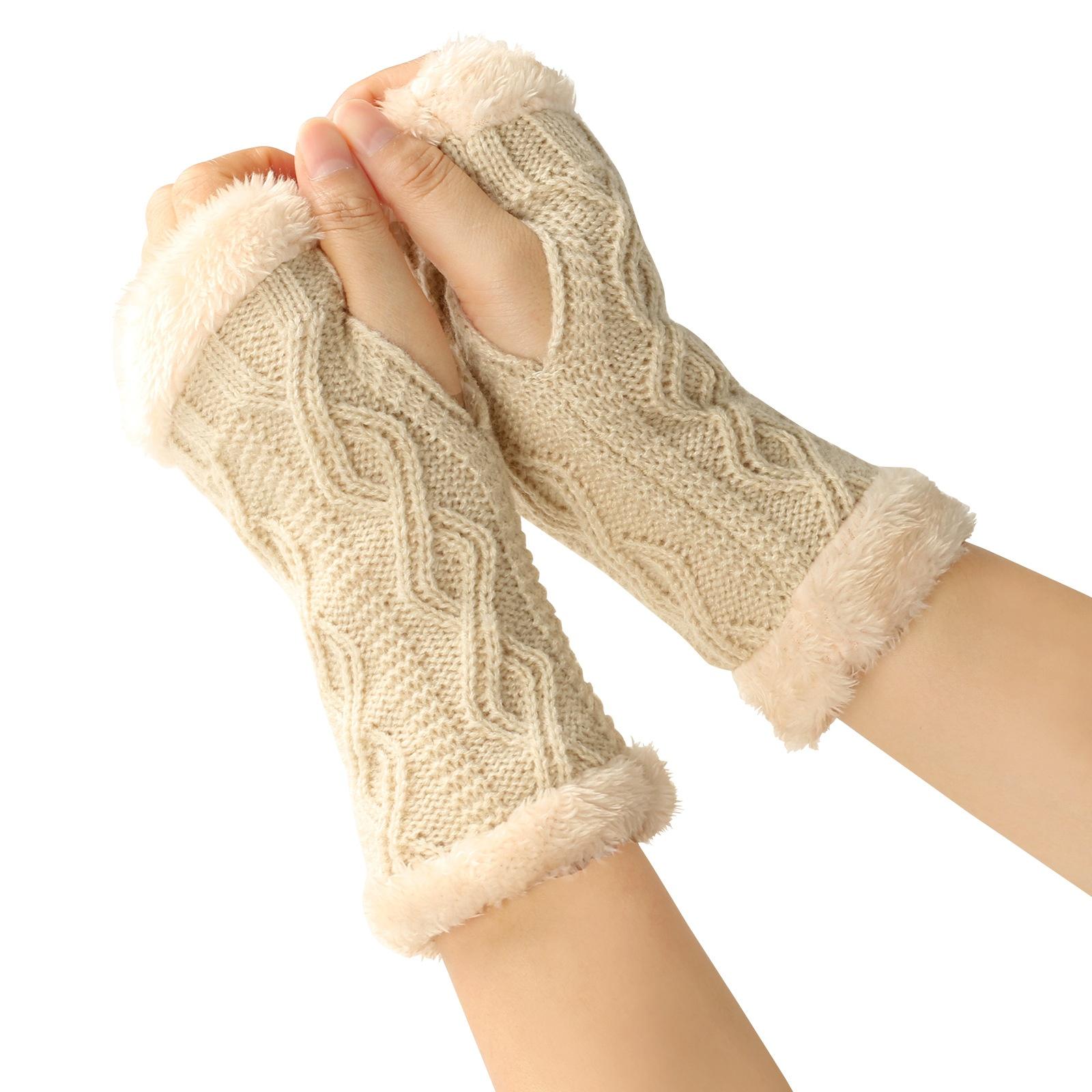

Women s Winter Warm Wool Gloves, Fingerless Diamond Knit Short Gloves One Size бежевий