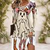 Women Criss Cross V Neck Long Sleeve Fitted Curved Hem Cartoon Bear Pumpkin Printed Dress
