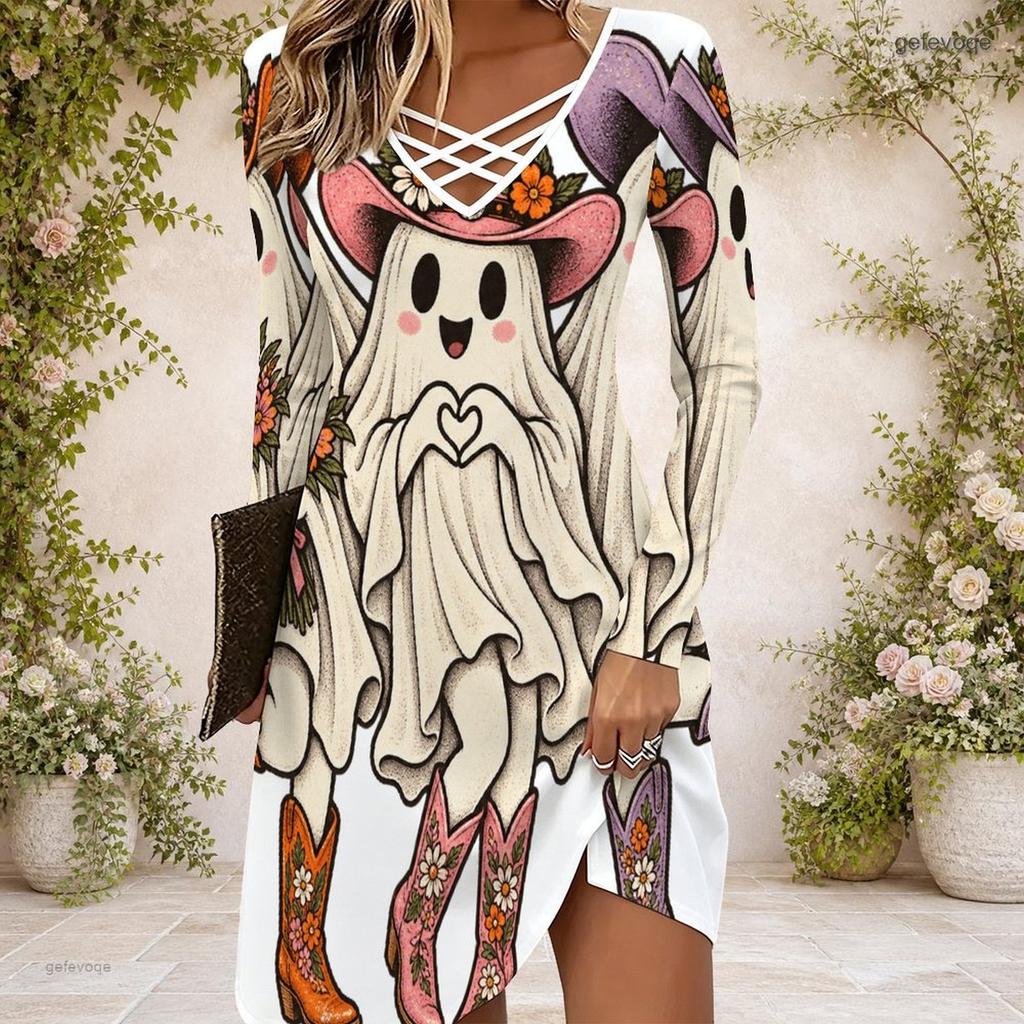 Women Criss Cross V Neck Long Sleeve Fitted Curved Hem Cartoon Bear Pumpkin Printed Dress