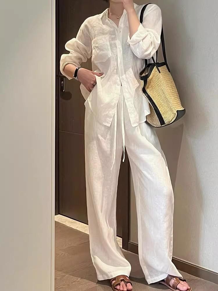 Women's Early Autumn White Linen High-End Long Sleeve Shirt - Slimming, Loose Fit, Cotton-Linen Blend