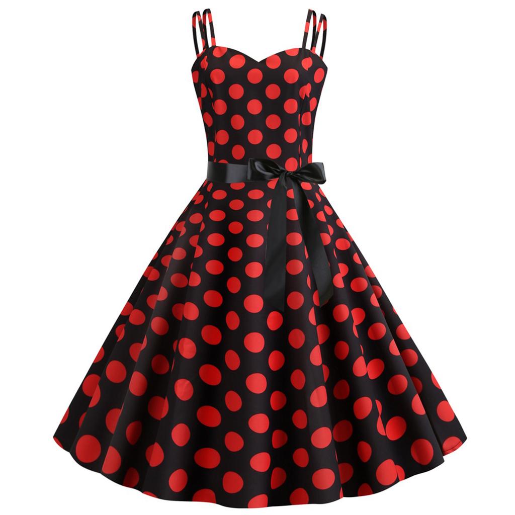 Women's Retro Dress With Double Suspenders And Polka Dot Printed Large Skirt
