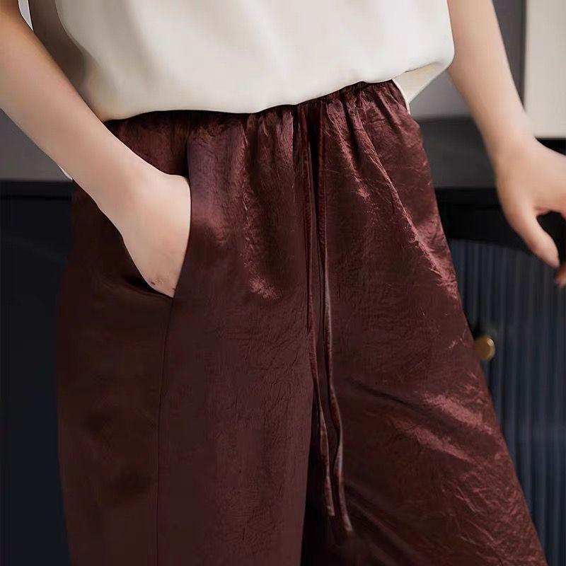 Women's Small Silky Wide-Leg Pants, Summer Eight-Point Length, Thin & Draped Texture