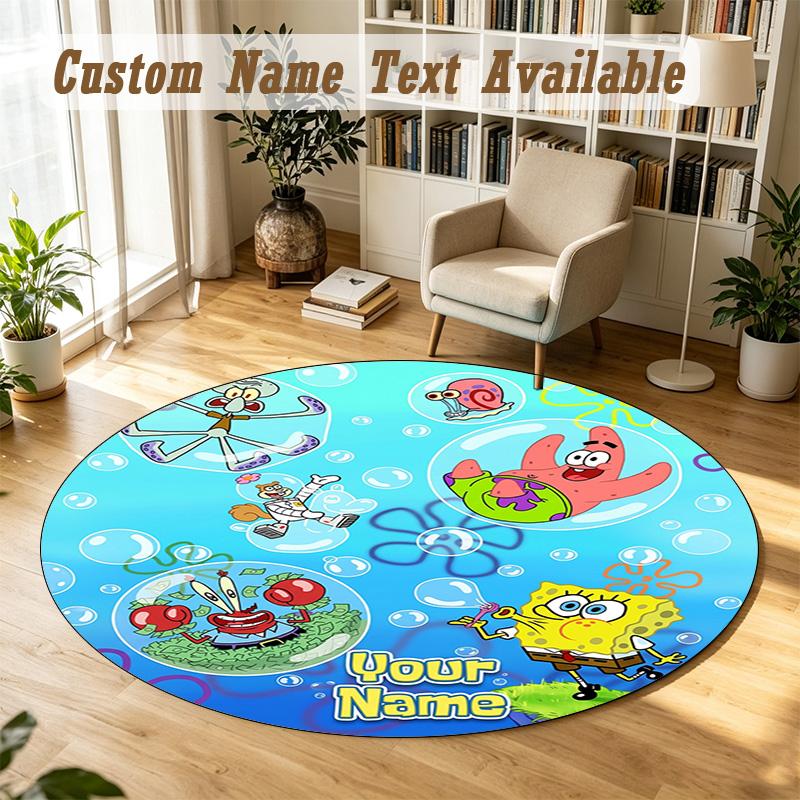 Round Rug Custom NameSpongeBob Pattern Non Slip Carpet Home Floor Decor