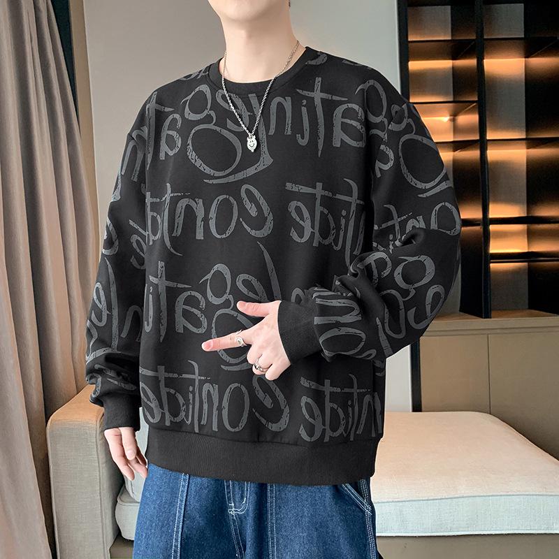 Men's Graffiti Hoodie, Plus Size, Round Neck, Long Sleeve, Spring/Autumn 2025 Trendy Teen Base Layer Top