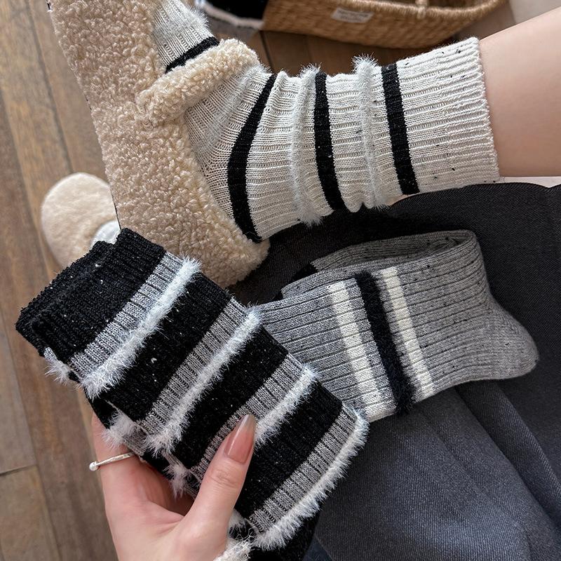 Grey Wool Socks, Autumn and Winter Socks, Women's Mid-calf Socks, Boneless Socks, Warm Thickened Striped Pile-up Long Socks