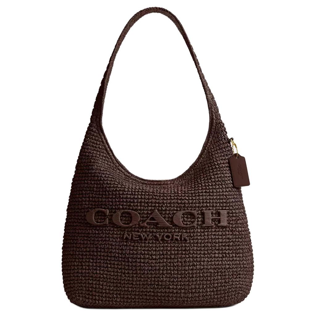 Coach Brown Woven Large Hobo Shoulder Bag with Embossed Logo for Daily Use