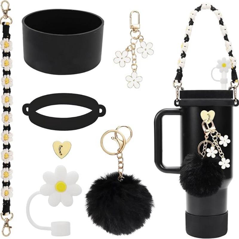 Straw Cap Silicone Insulated Cup Sleeve with Handheld Rope & Flower Pompon Pendant Set