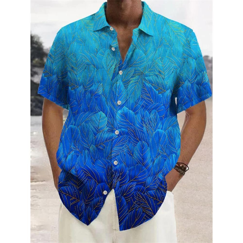 Summer Men's Shirt 3D Print Colorful Feather Short Sleeve Turndown Hawaiian Shirt Button Up Shirts No Pockets Shirts for Women