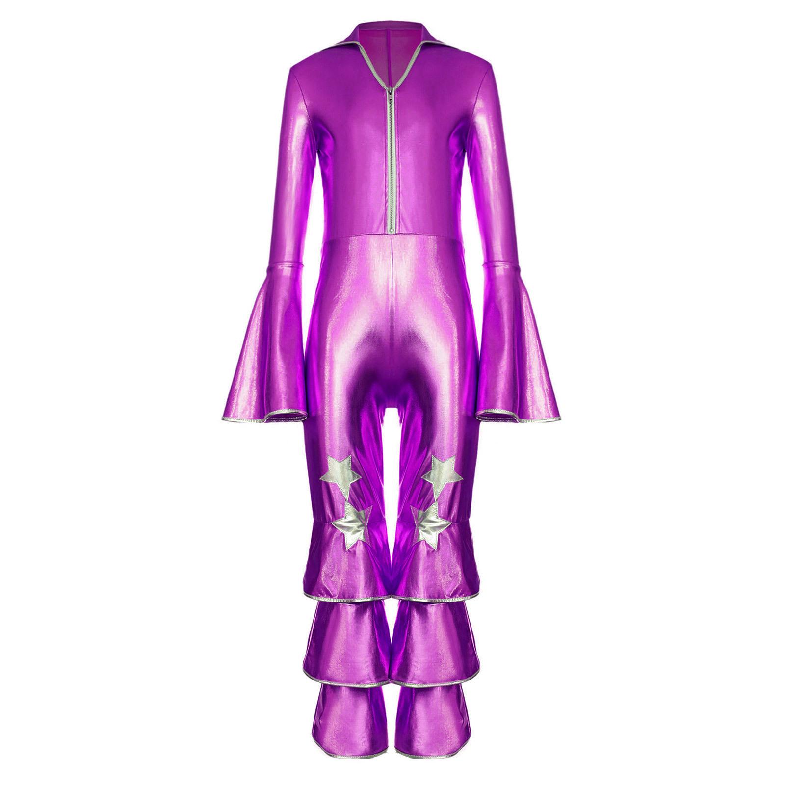 

Girls 1970s Disco Costume Disco Dance Bodysuit Long Flare Sleeve Ruffle Bell Bottom Zipper Jumpsuit 5-6 Years