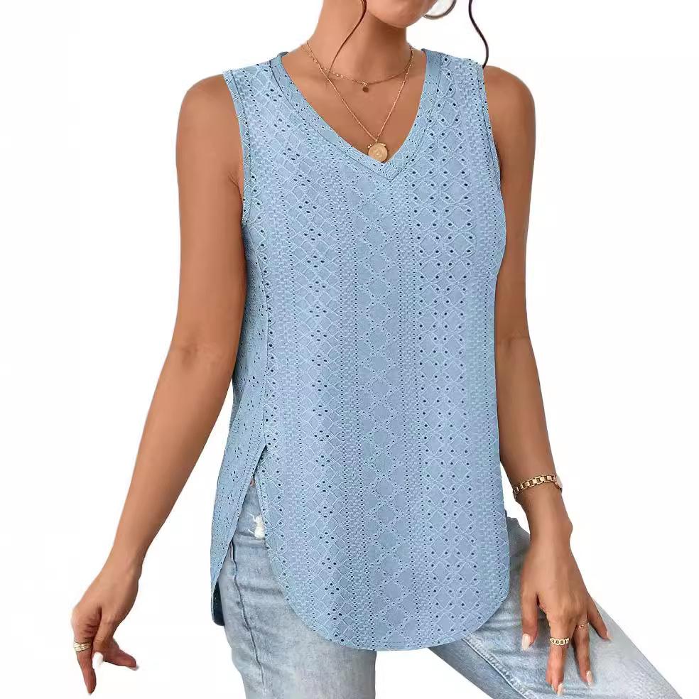 Spring and Summer V-neck Sleeveless Vest with Eyelets and Jacquard Top for Casual Women's T-shirts