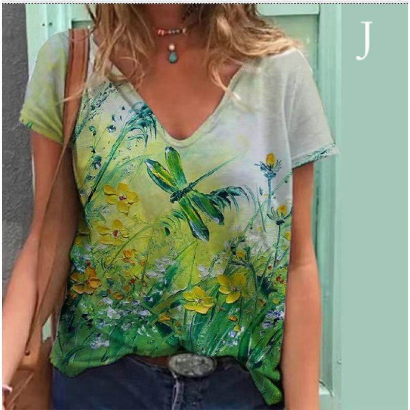 

Женский пуловер с цифровой печатью, женский топ с V-образным вырезом, летняя футболка с коротким рукавом свободного кроя для женщин, V-образный вырез L