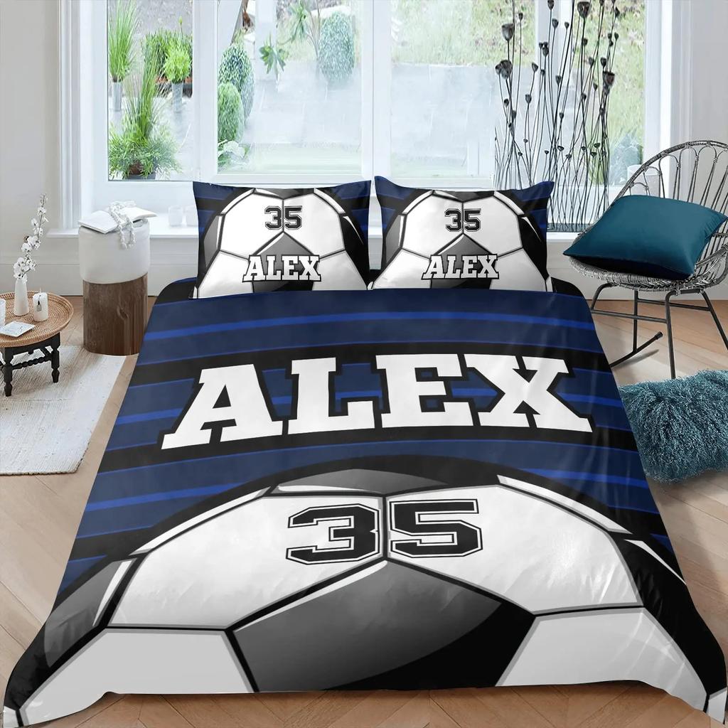 Custom Name Soccer Duvet Cover for Boys Teens Blue Flame Soccer Bedding Set Personalized Sports Comforter Cover Bedroom Decor