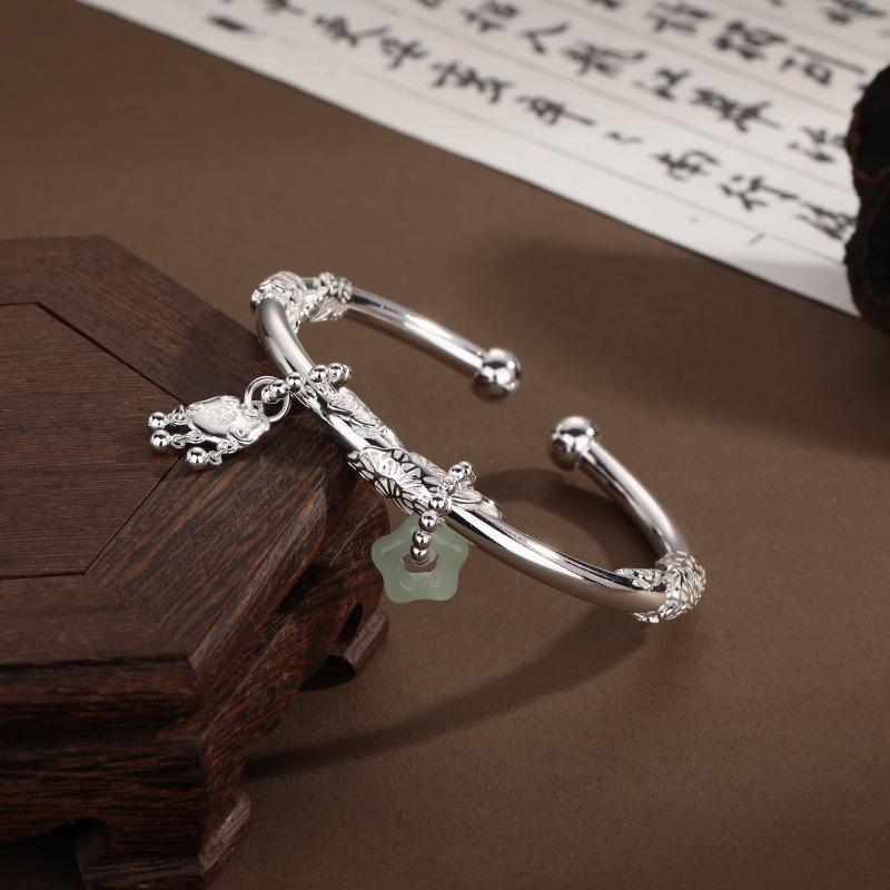 Prosperous Flowers Ping An Lock Women's Open Bracelet - Versatile, Elegant, New Chinese Style, Luxurious Design