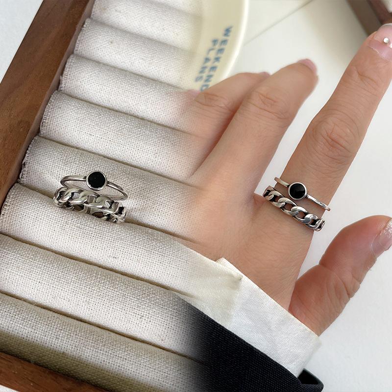Black Drip Glaze Retro Thai Silver Jewelry Women's Non-fading High-end Open Ring
