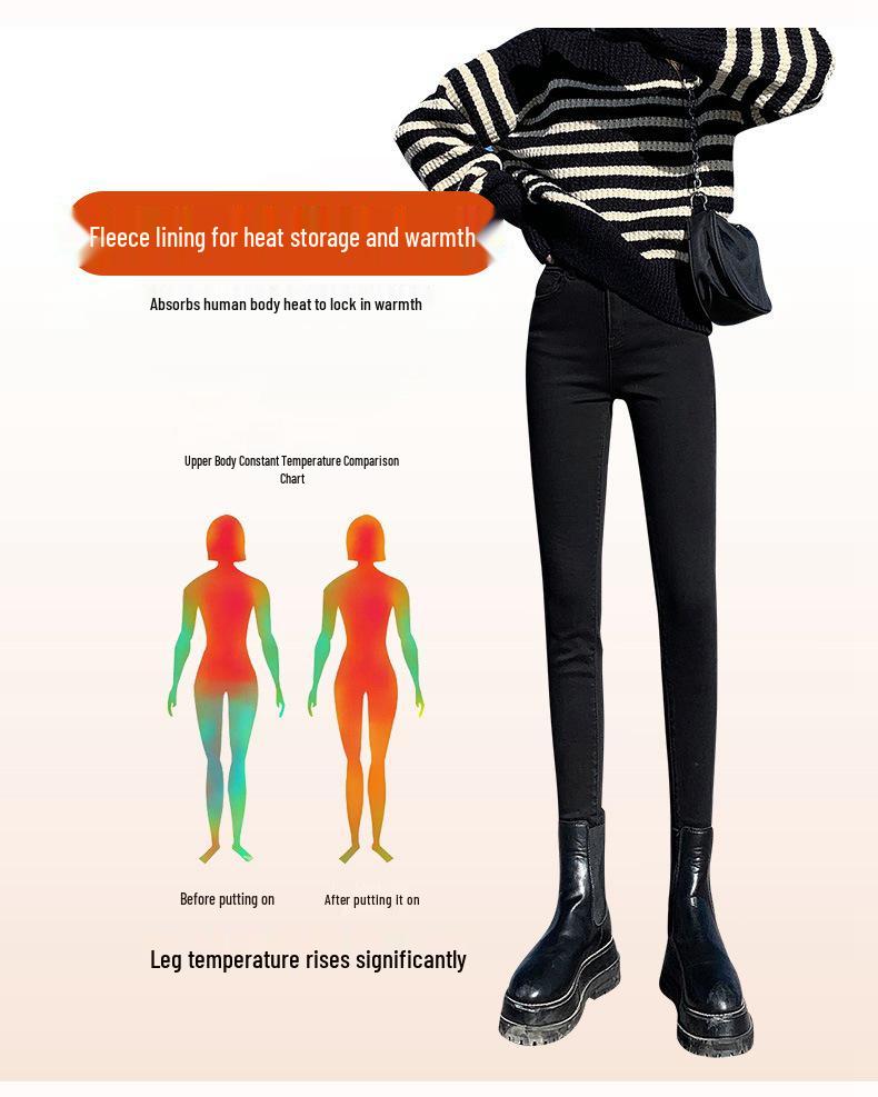 Black High-Waisted Plus Velvet Stretch Skinny Jeans for Women - Winter 2021, Slimming Plus Size, Warm & Thickened.