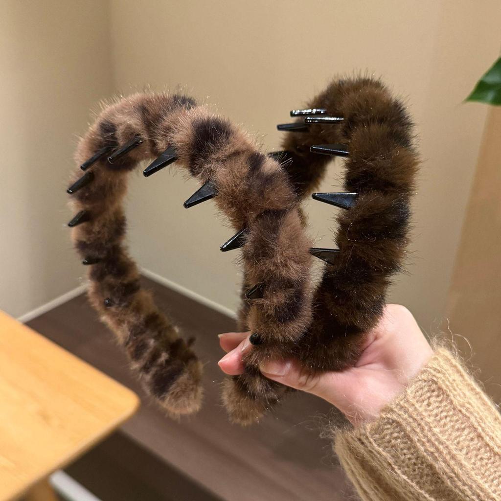 Korean Leopard Print Fluffy Headband - Women's Autumn/Winter Wavy Hair Comb Accessory